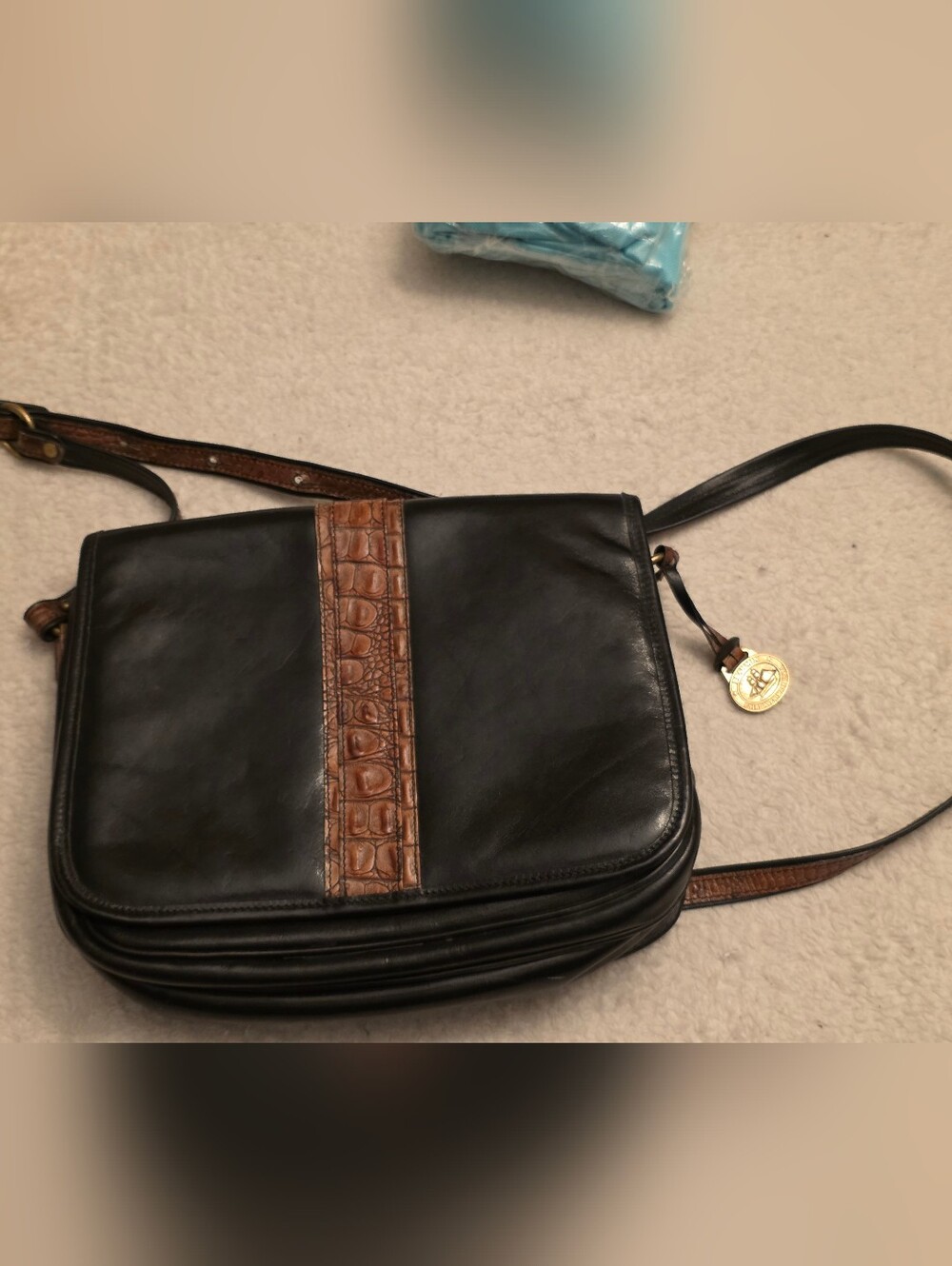 Vintage Brahmin Black Leather Shoulder Bag with Brown Croc-Embossed Accent